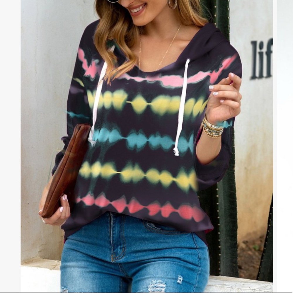 Black Multicoloured Tie-Dye Stripe Hoodie, L